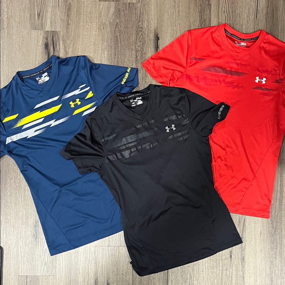 Lot of 3 Under Armour Heat Gear Fitted Shirts - Red, Blue, Black